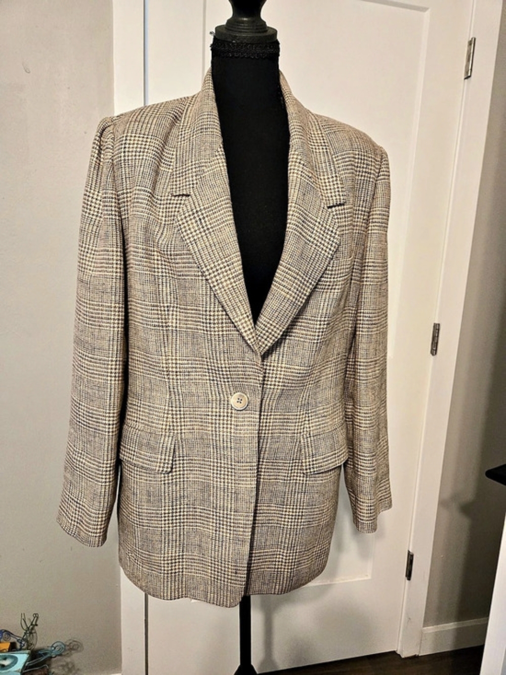 Vintage Linda Allard Ellen Tracy 100% Linen Glen Plaid Blazer Jacket Size 10